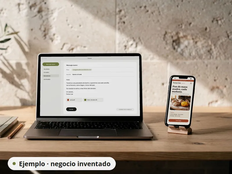 Portátil con un correo pidiendo una web para una panadería y, al lado, un móvil con esa web ya terminada. Negocio inventado, de ejemplo.