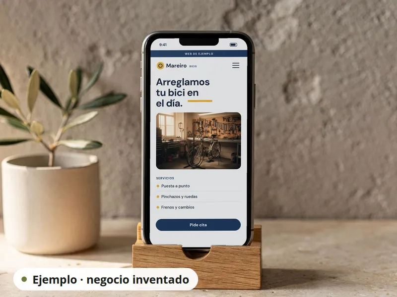 Móvil con la web de ejemplo de un taller de bicicletas inventado: servicios, foto y botón para pedir cita.