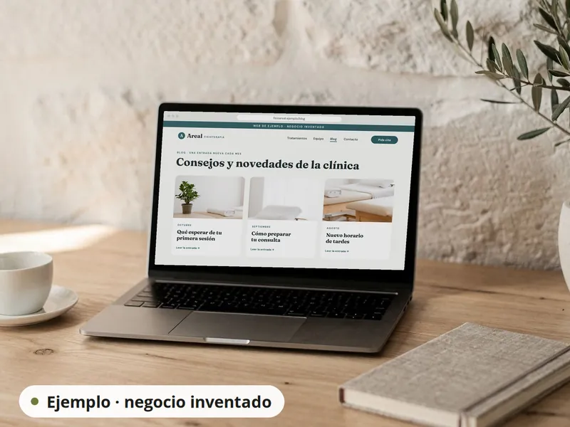 Portátil con el blog de ejemplo de una clínica de fisioterapia inventada, con tres entradas de distintos meses.