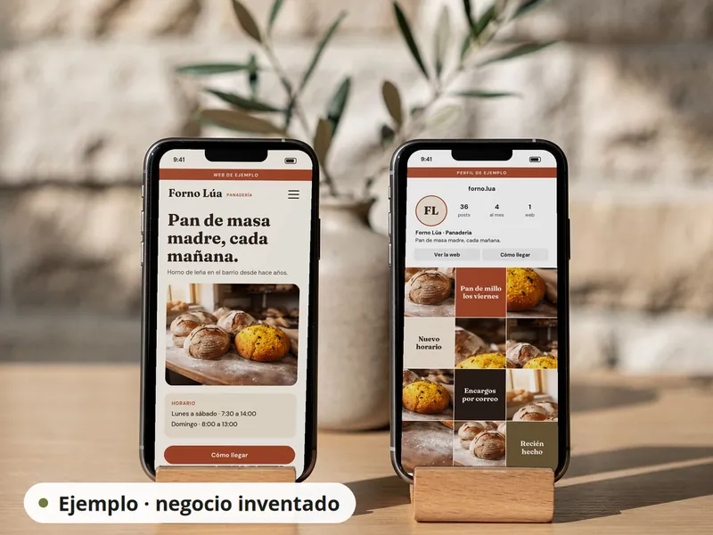 Dos móviles con la web y el perfil de redes de ejemplo de una panadería inventada, con sus publicaciones.
