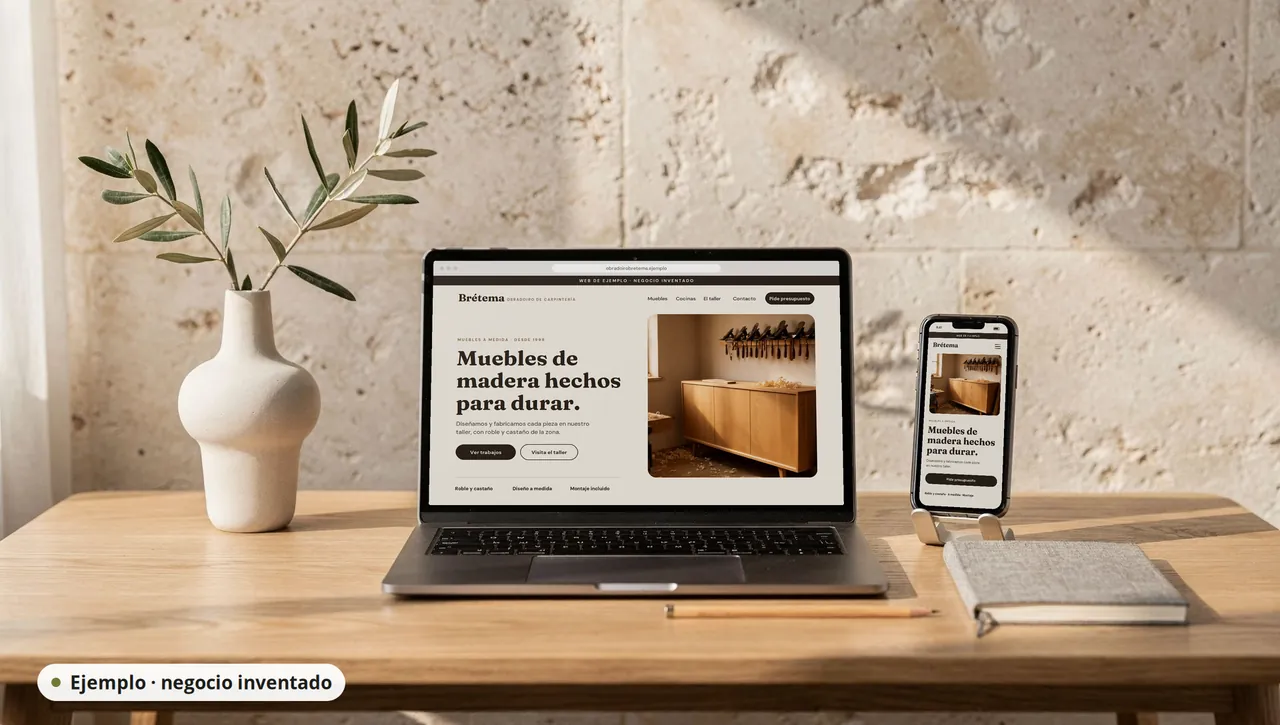 Portátil y móvil sobre una mesa de roble mostrando la web de ejemplo de una carpintería inventada, en versión de ordenador y de móvil.